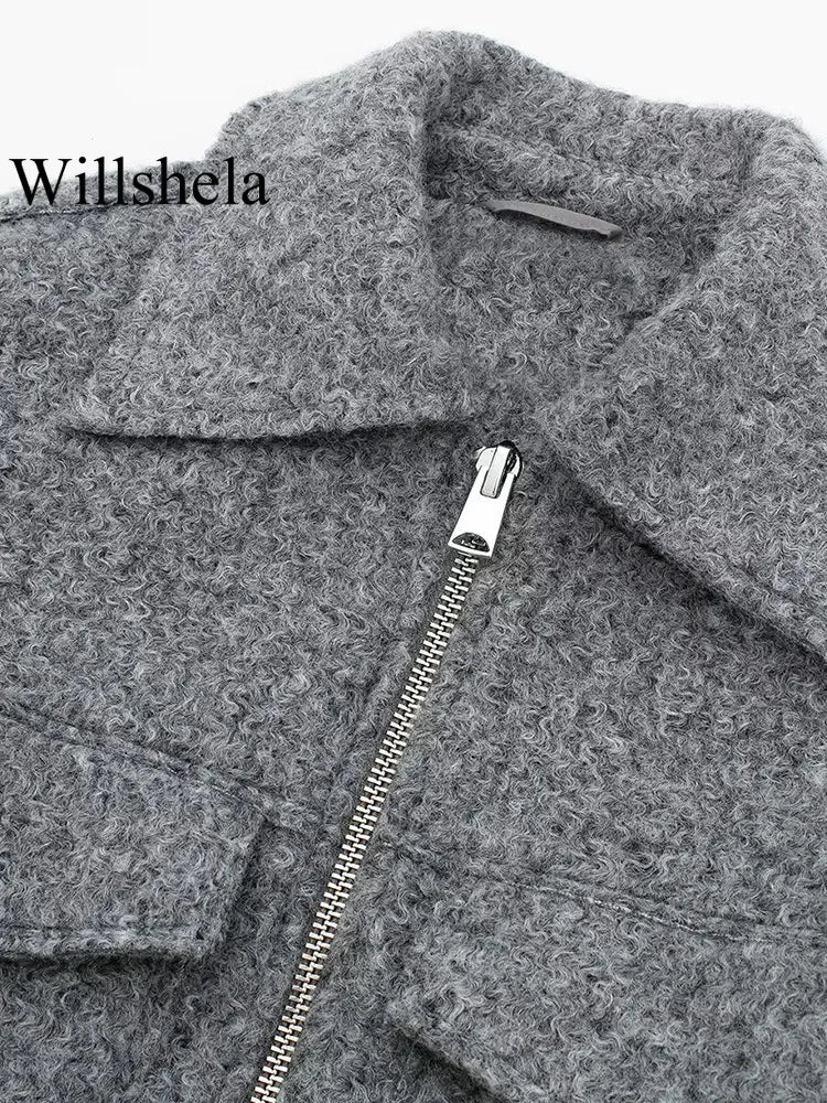 Textured Cropped Zip Jacket with Flap Pockets