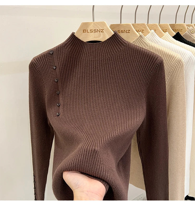 Ribbed Shoulder Button Turtleneck Sweater