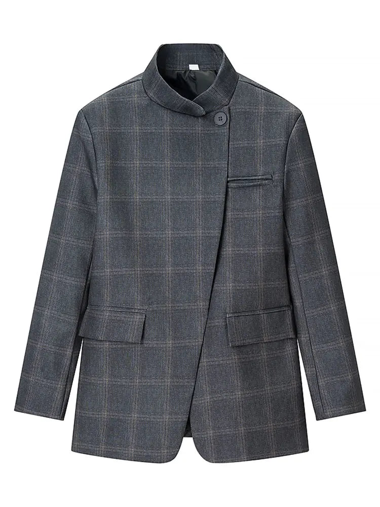 Stand Collar Plaid Blazer Jacket