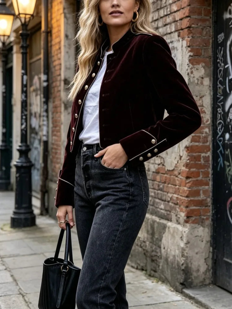 Wine Red Velvet Military-Inspired Jacket