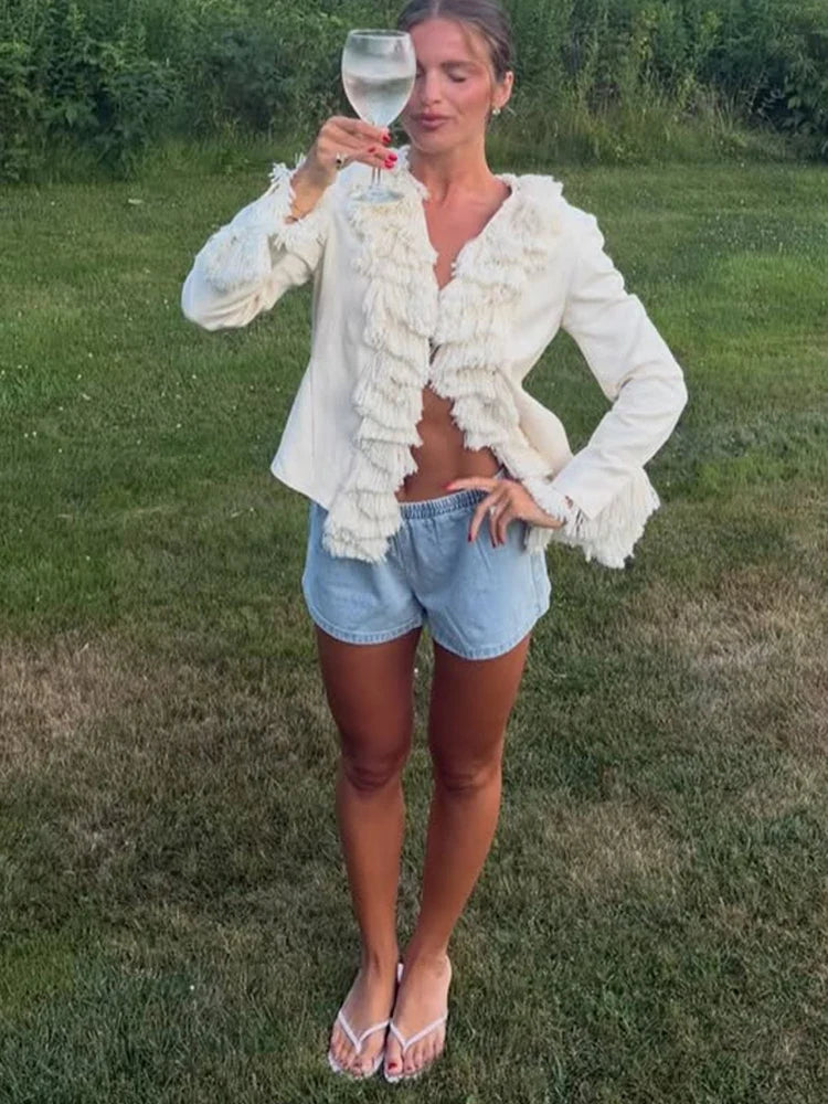 Fringe Trim V-Neck Blazer
