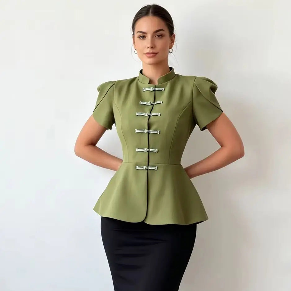 Retro Frog Closure Peplum Blouse