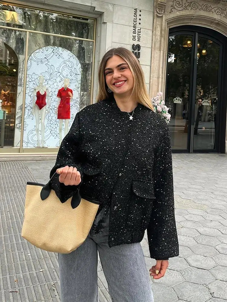 Sequin Stand Collar Bomber Jacket