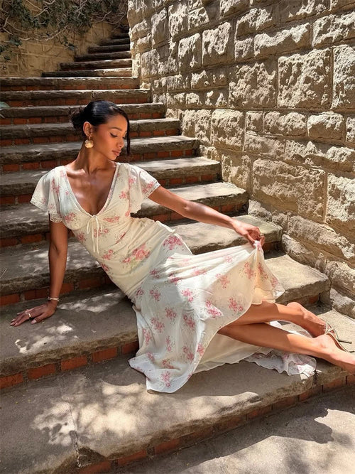 Floral Flutter Sleeve Maxi Dress