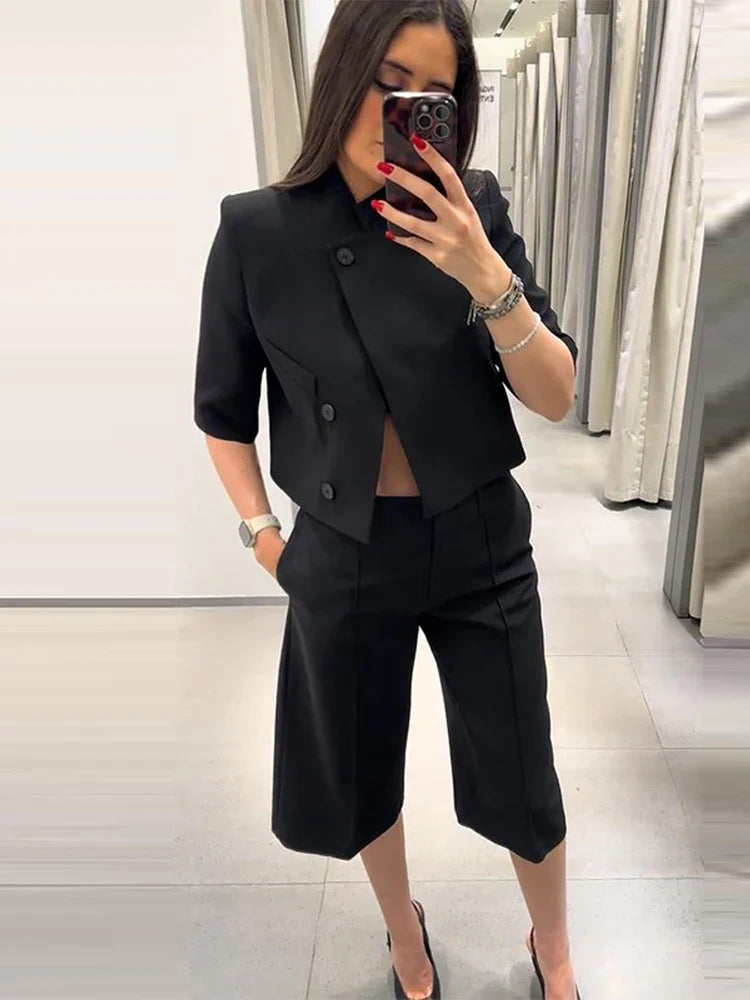 Asymmetric Cropped Stand Collar Blazer