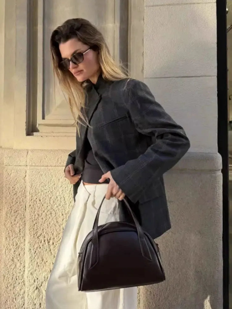 Stand Collar Plaid Blazer Jacket