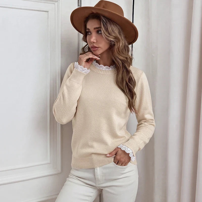 Cream Lace Trim Layered Knit Sweater