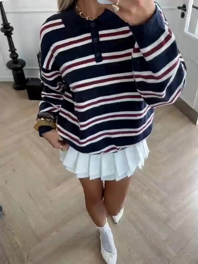 Striped Polo Collar Knit Sweater