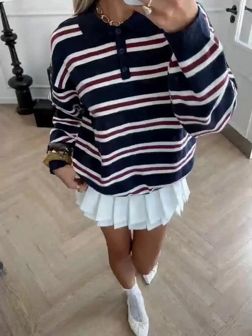 Striped Polo Collar Knit Sweater