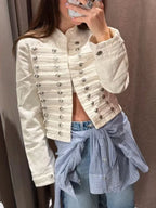 Cropped Denim Jacket with Metallic Buttons