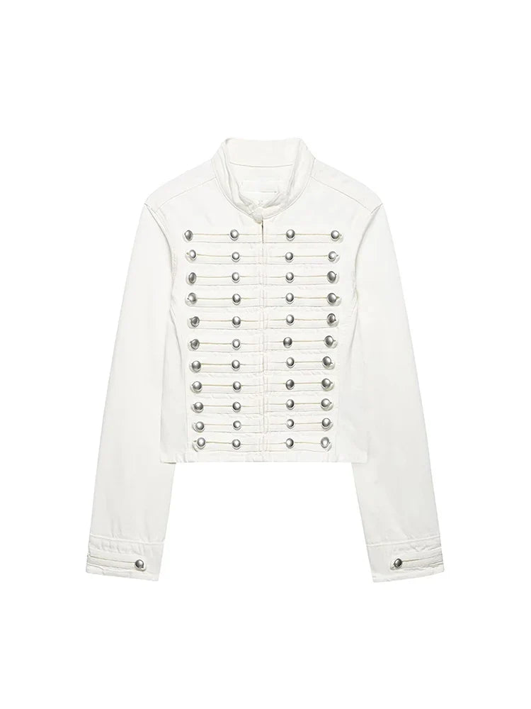 Cropped Denim Jacket with Metallic Buttons