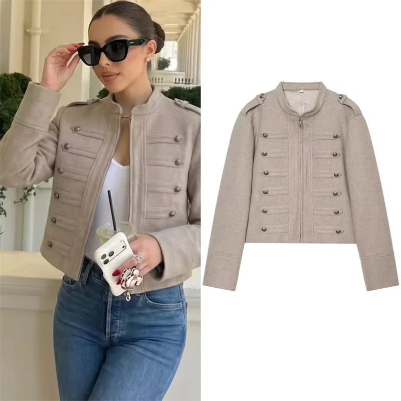 Taupe Military-Inspired Cropped Jacket