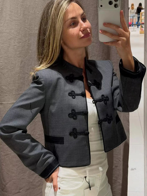 Contrast Trim Frog Closure Cropped Jacket