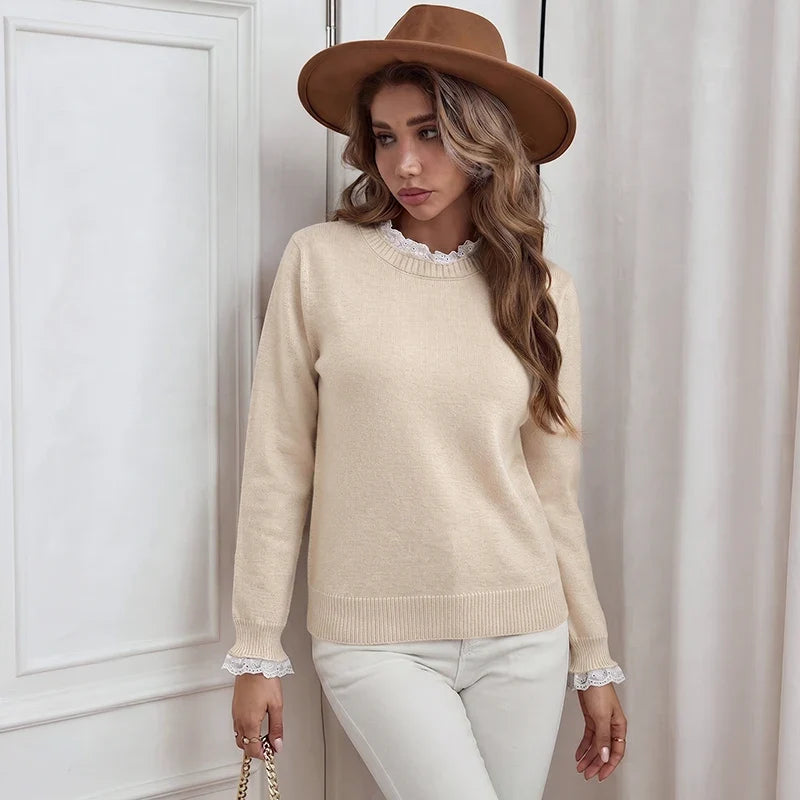 Cream Lace Trim Layered Knit Sweater