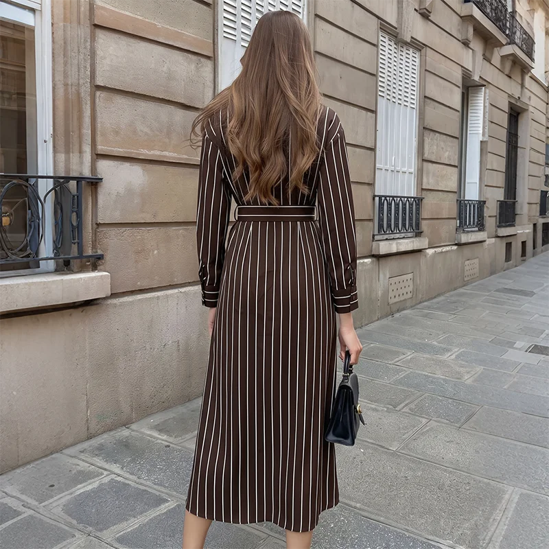 Belted Striped Shirt Midi Dress