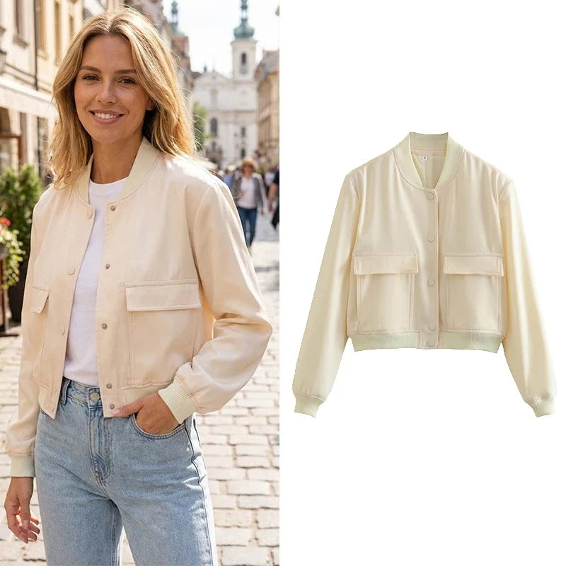 Cropped Ribbed Collar Bomber Jacket