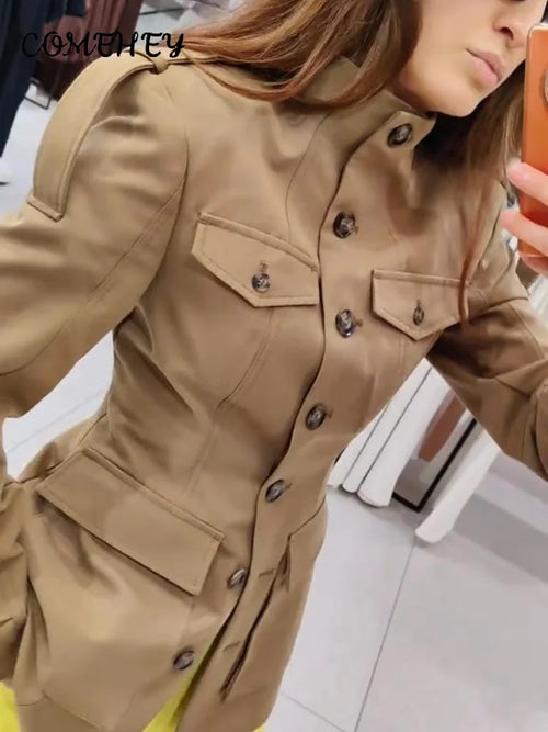 Khaki Stand Collar Utility Jacket