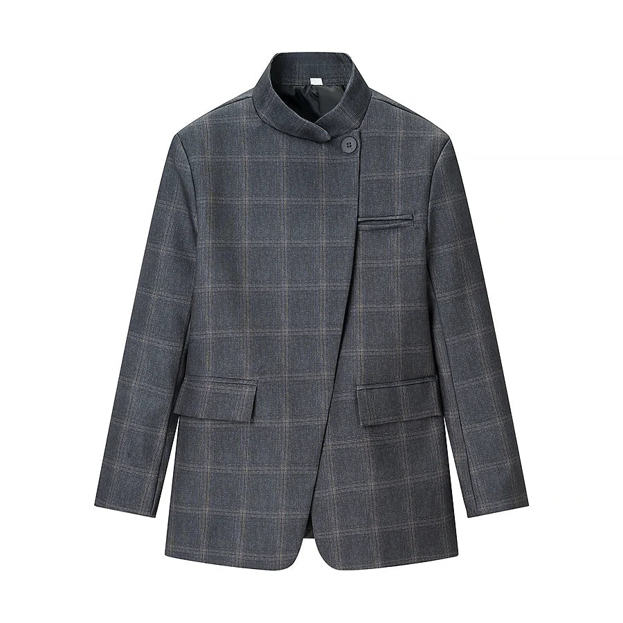 Stand Collar Plaid Blazer Jacket