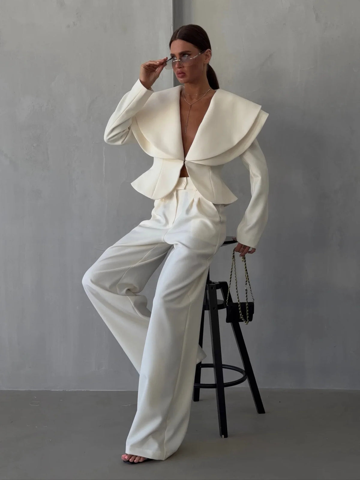 Layered Lapel Cropped Blazer Trouser Set