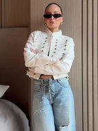 Cropped Denim Jacket with Metallic Buttons