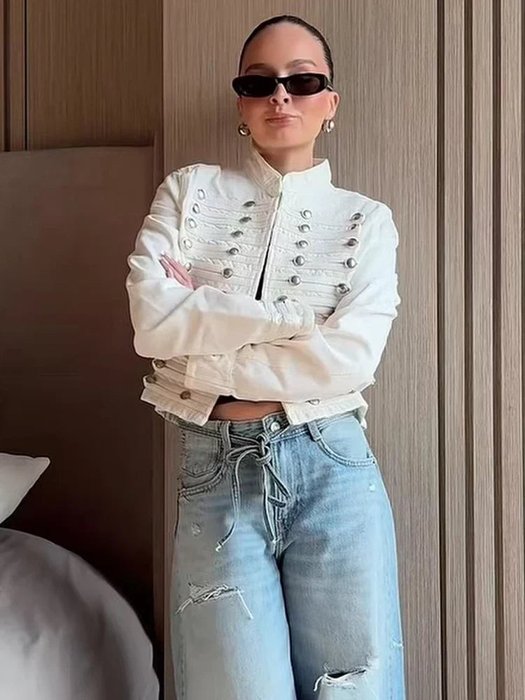 Cropped Denim Jacket with Metallic Buttons
