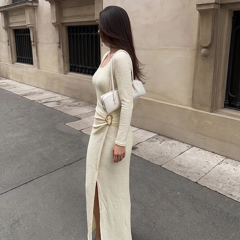 Ruched Knit Slit Maxi Dress