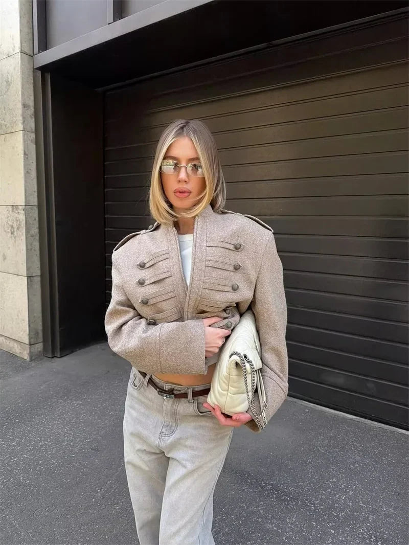 Taupe Military-Inspired Cropped Jacket