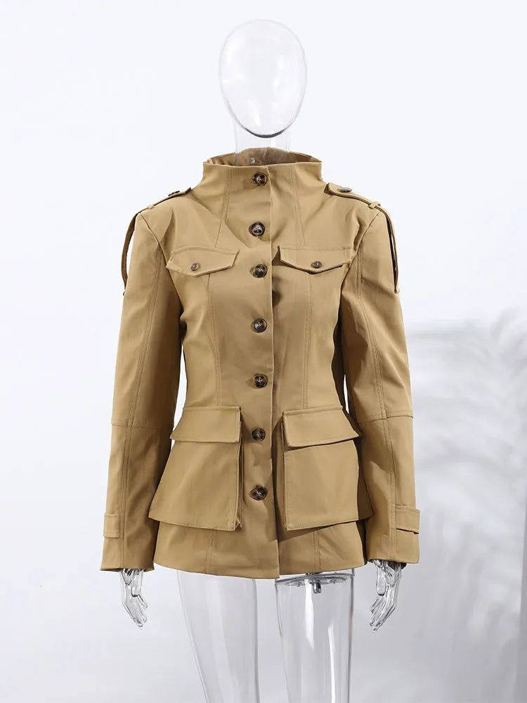 Khaki Stand Collar Utility Jacket