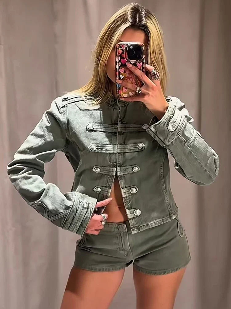 Cropped Military-Inspired Button Jacket