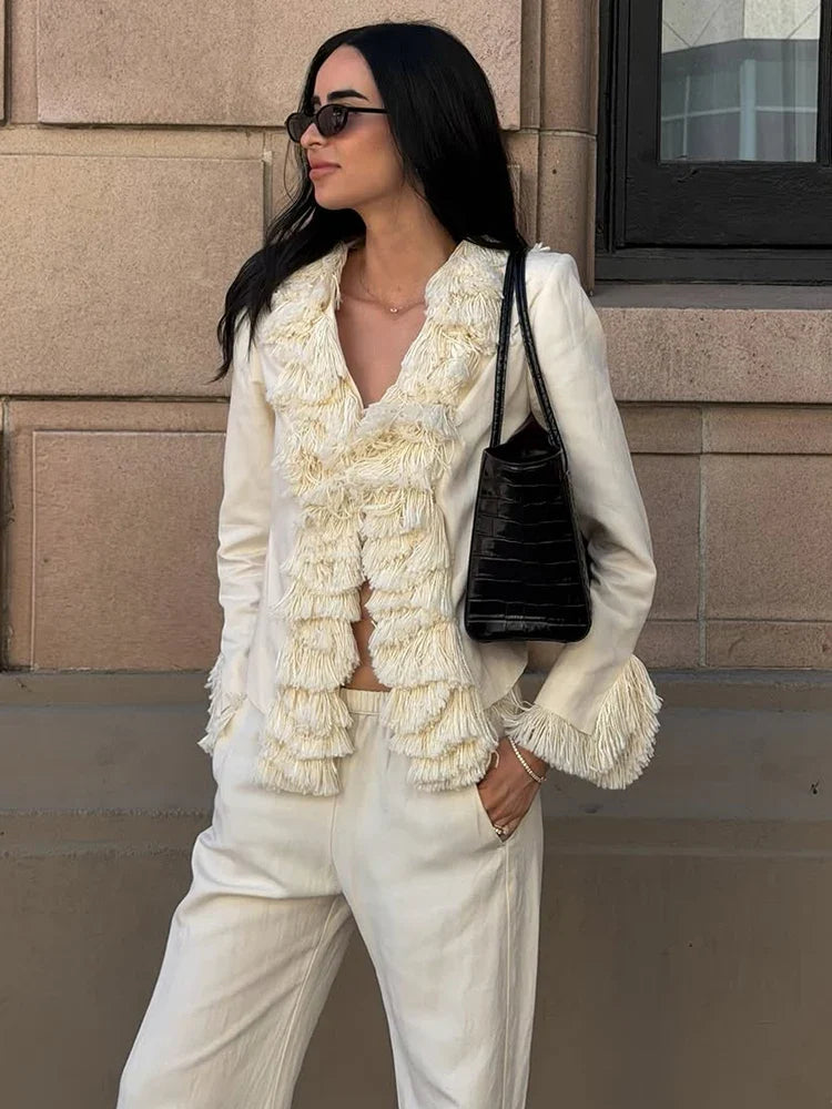 Fringe Trim V-Neck Blazer