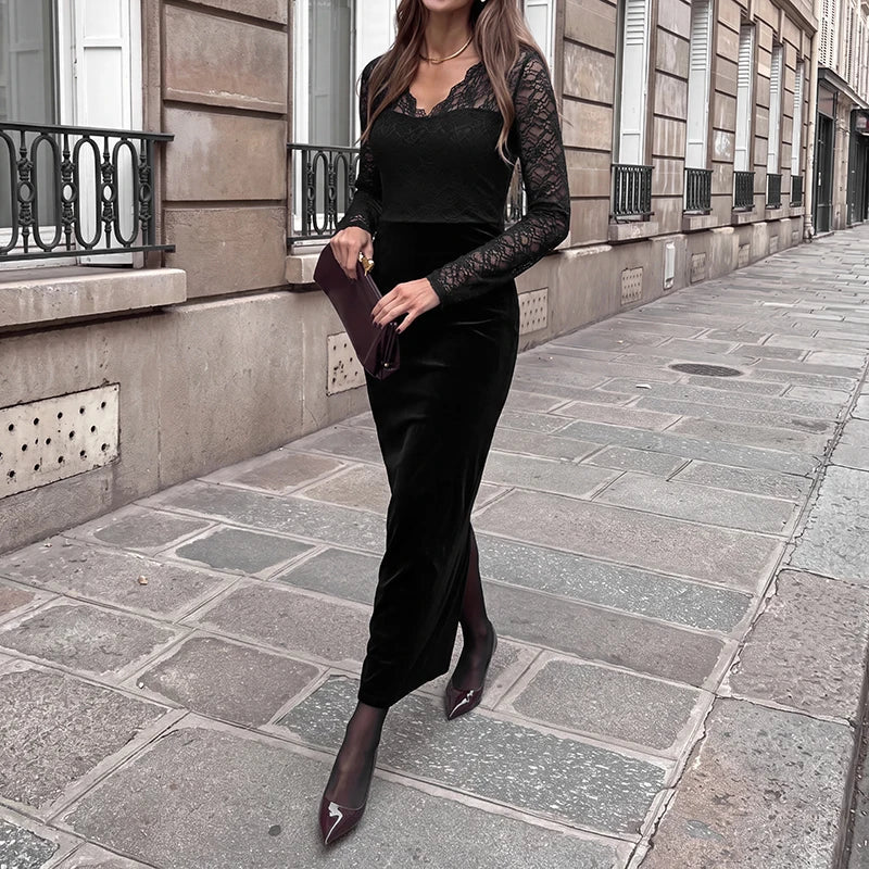 Black Lace-Panel Evening Maxi Dress