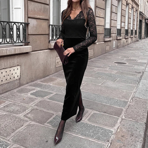 Black Lace-Panel Evening Maxi Dress
