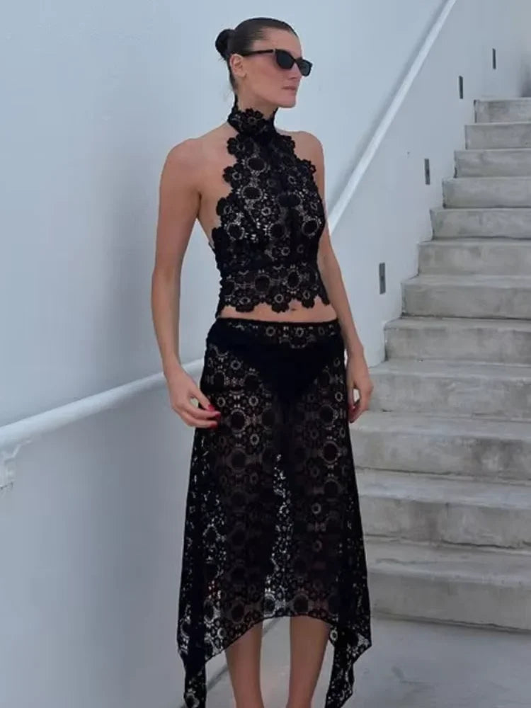 Floral Lace Halter Skirt Set