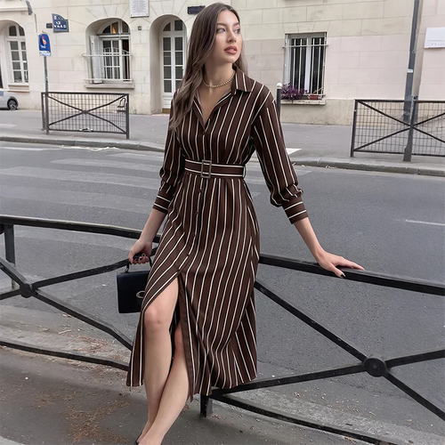 Belted Striped Shirt Midi Dress