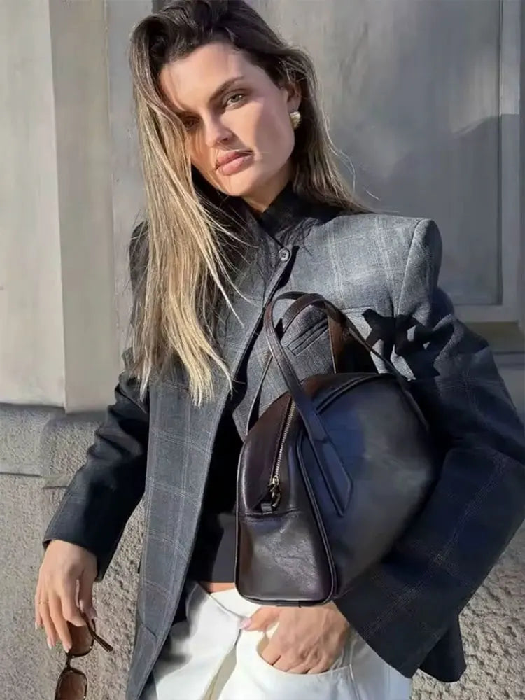 Stand Collar Plaid Blazer Jacket