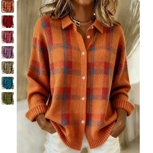 Plaid Collared Knit Cardigan