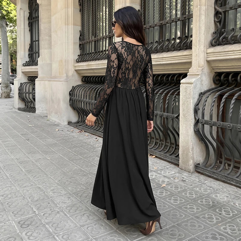 Black Square Neck Sheer Lace Sleeve Maxi Dress