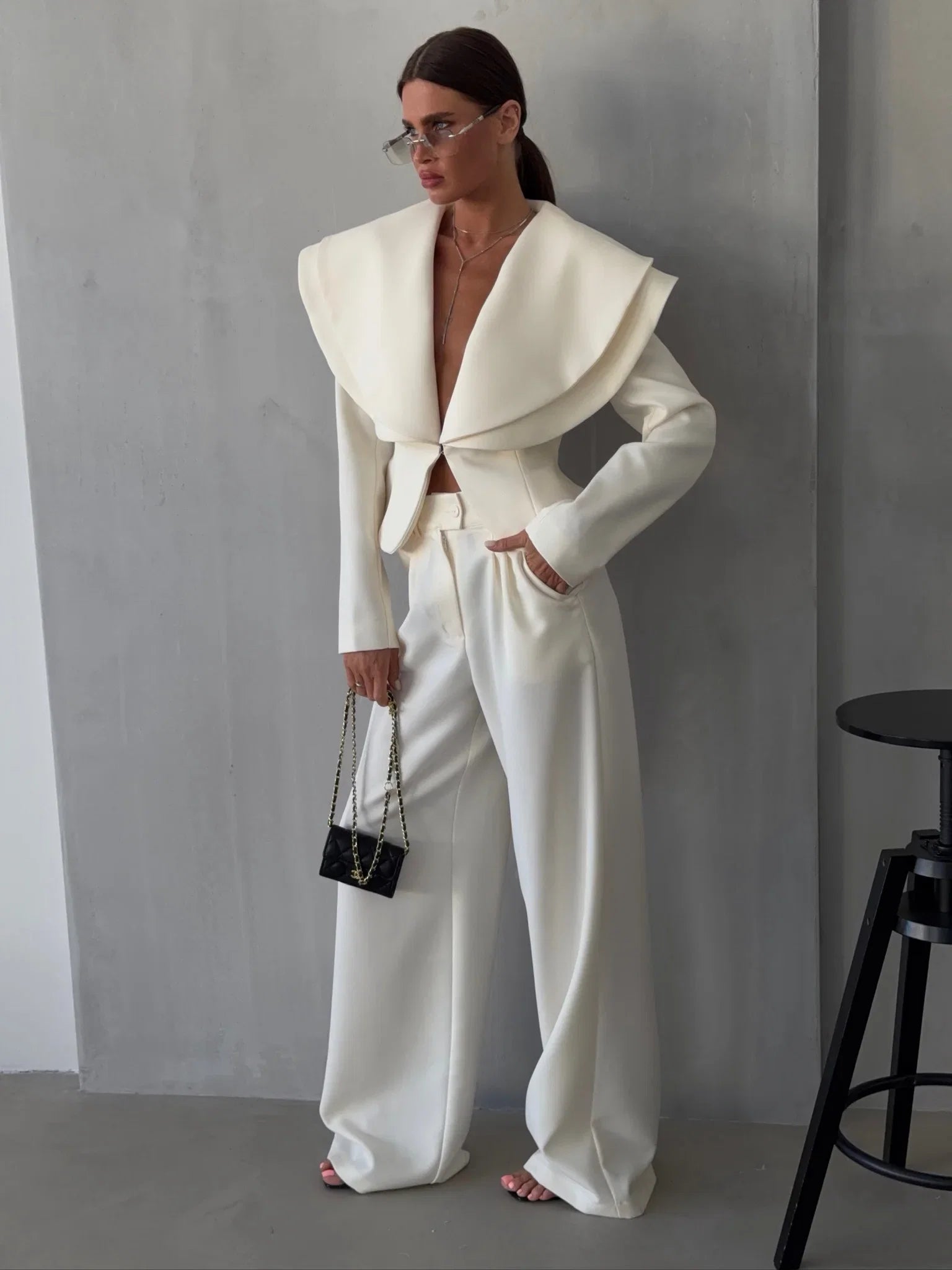Layered Lapel Cropped Blazer Trouser Set