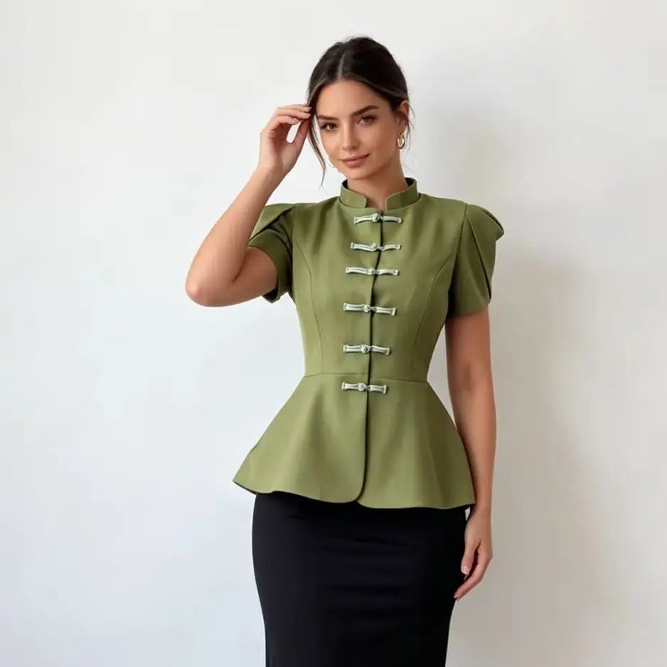 Retro Frog Closure Peplum Blouse