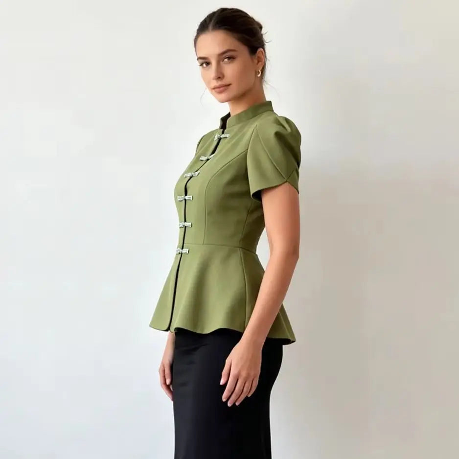 Retro Frog Closure Peplum Blouse