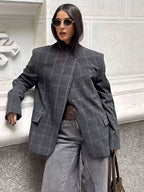 Stand Collar Plaid Blazer Jacket