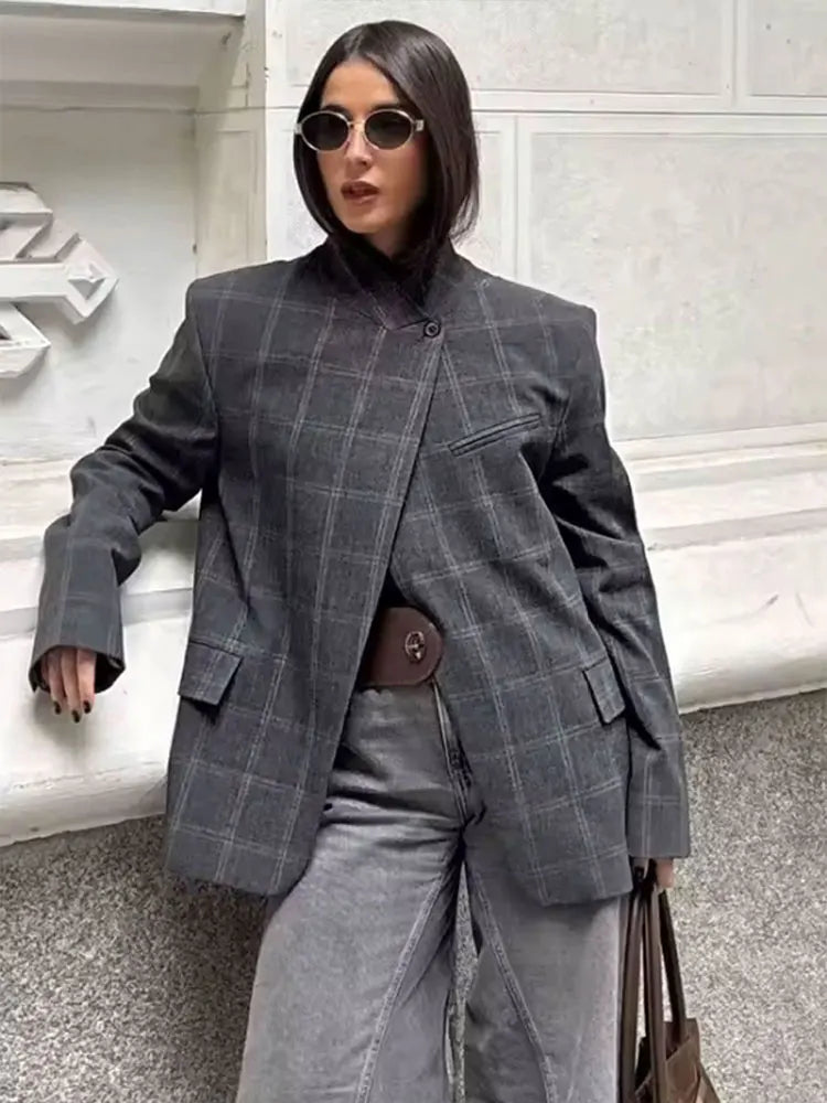 Stand Collar Plaid Blazer Jacket