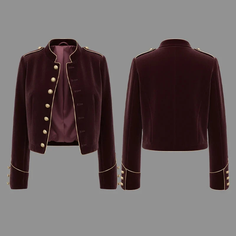 Wine Red Velvet Military-Inspired Jacket