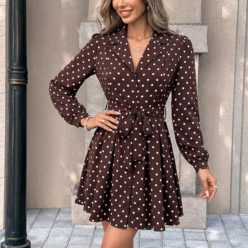 Polka Dot Self-Tie Shirt Mini Dress