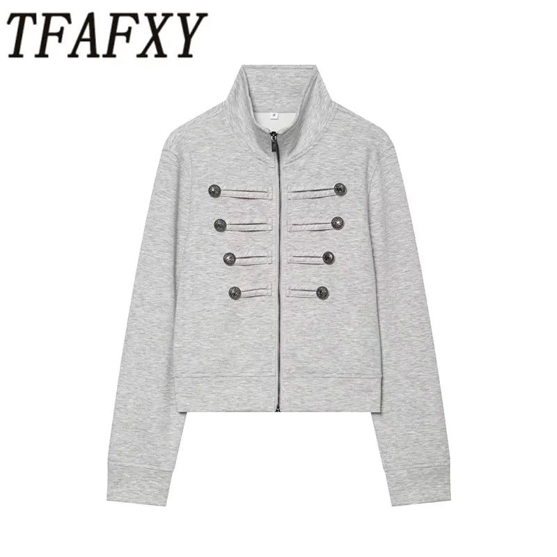 Cropped Stand Collar Zip Jacket