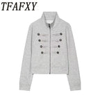 Cropped Stand Collar Zip Jacket