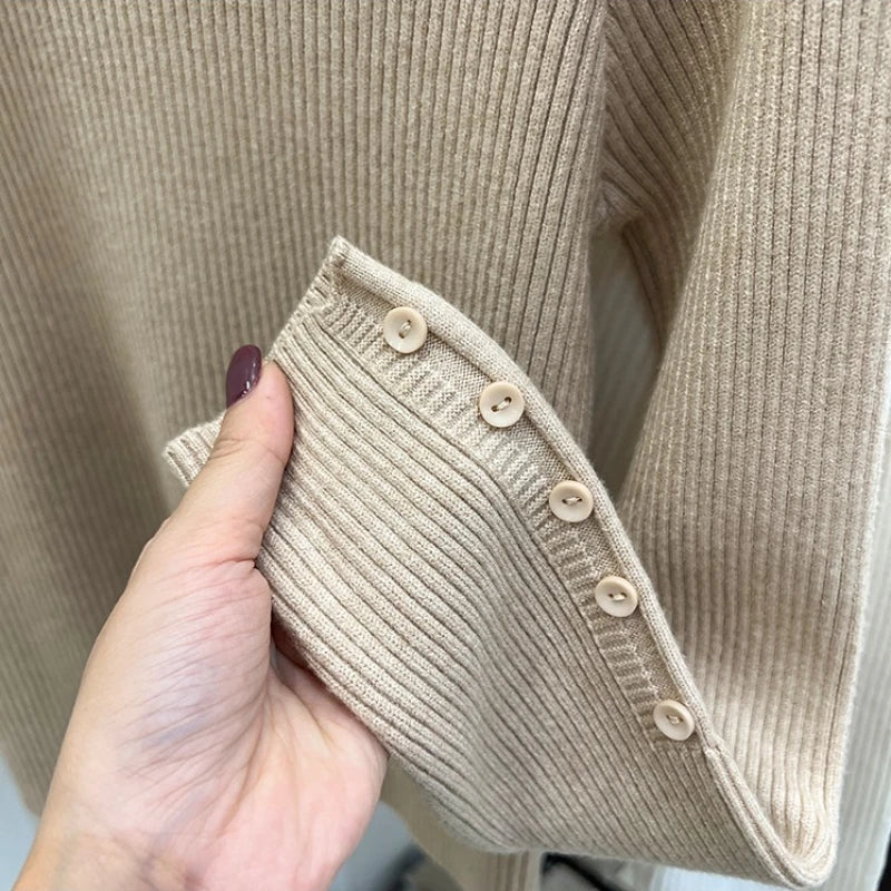 Ribbed Shoulder Button Turtleneck Sweater